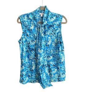 NWOT Bar III Sleeveless Blue Print Blouse with Neck Tie. Size Large.